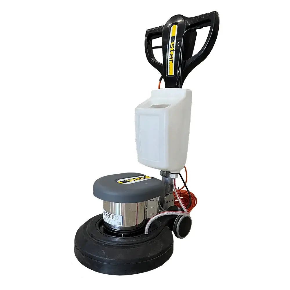 Front left view of white and black floor buffer polishing machine by brand Star, model C45.