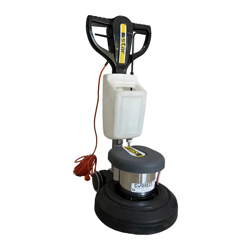 Front right view of white and black floor buffer polishing machine by brand Star, model C45.