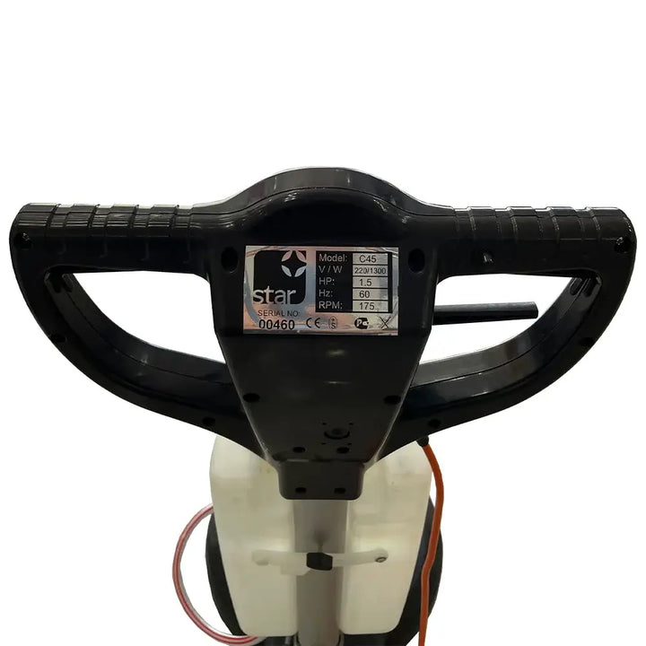 Back view of handles to a white and black floor buffer polishing machine by brand Star, model C45.