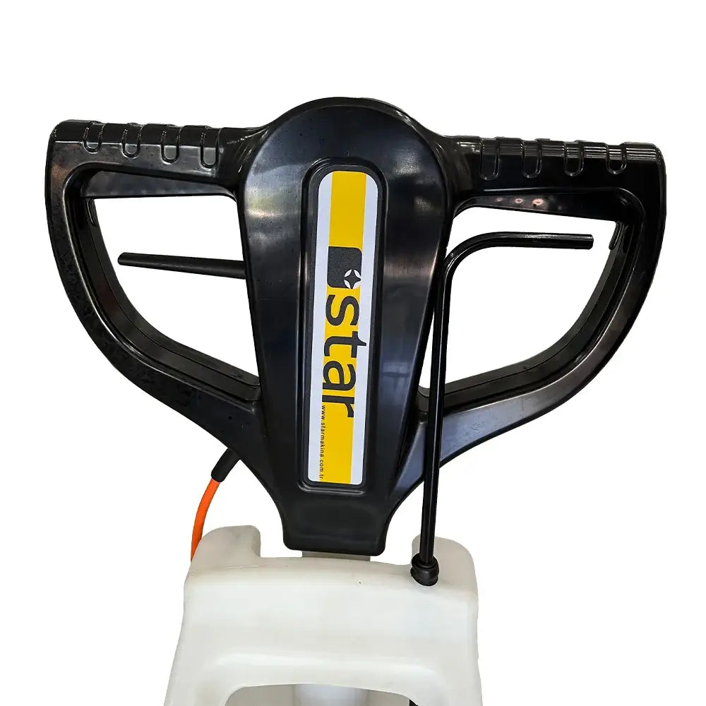 Front view of handles to a white and black floor buffer polishing machine by brand Star, model C45.