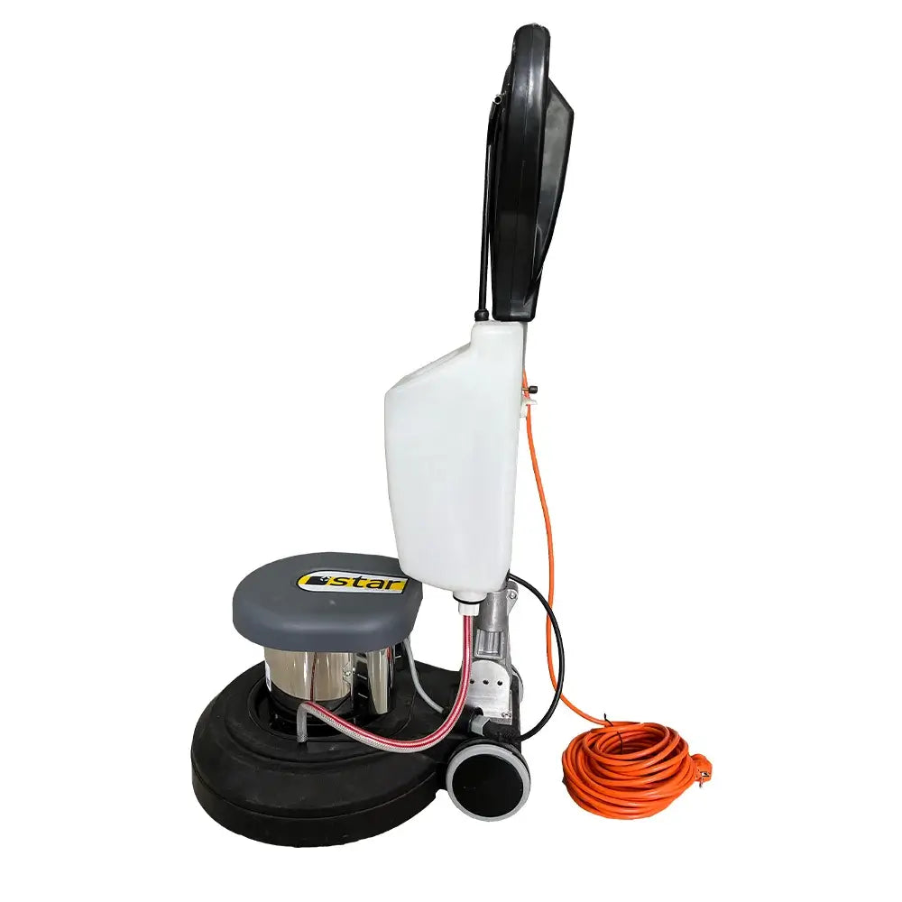 Left view of white and black floor buffer polishing machine by brand Star, model C45.