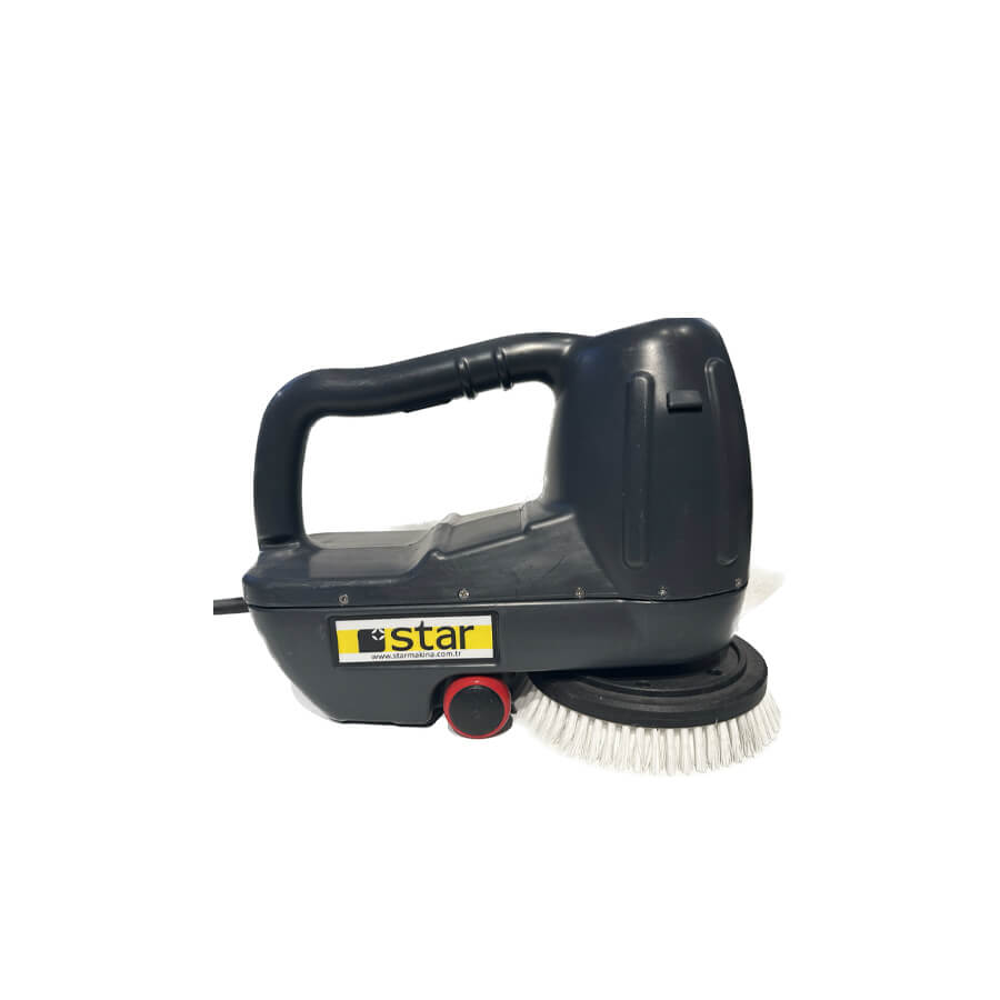 Side view of dark grey floor scrubber handheld by brand Star, model mini pro 600