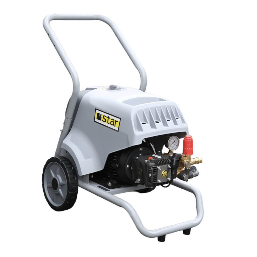 Front side view of grey pressure washer by brand Star, model ST140KM.