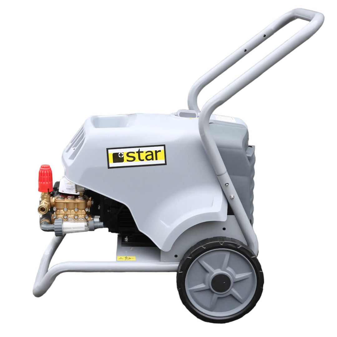 Left side view of grey pressure washer by brand Star, model ST140KM.