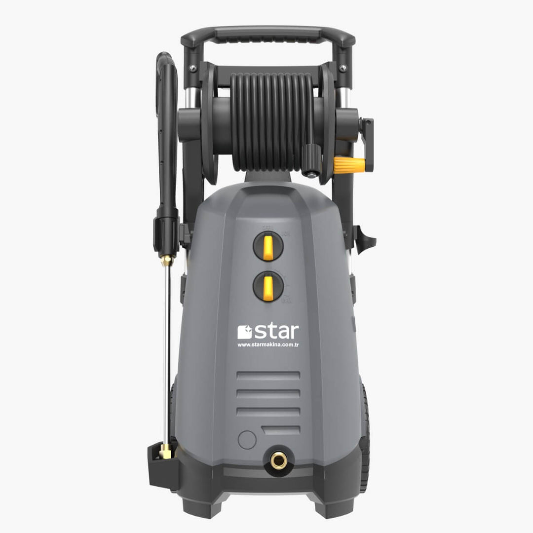 Front view of grey and black pressure washer by brand Star, model STR 8.714km.