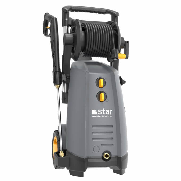 Front view of grey and black pressure washer by brand Star, model STR 8.714km.