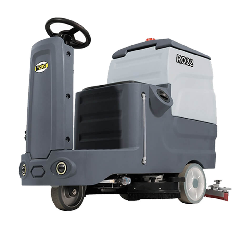 Front side view of grey ride on scrubber dryer by brand Star, model RO22