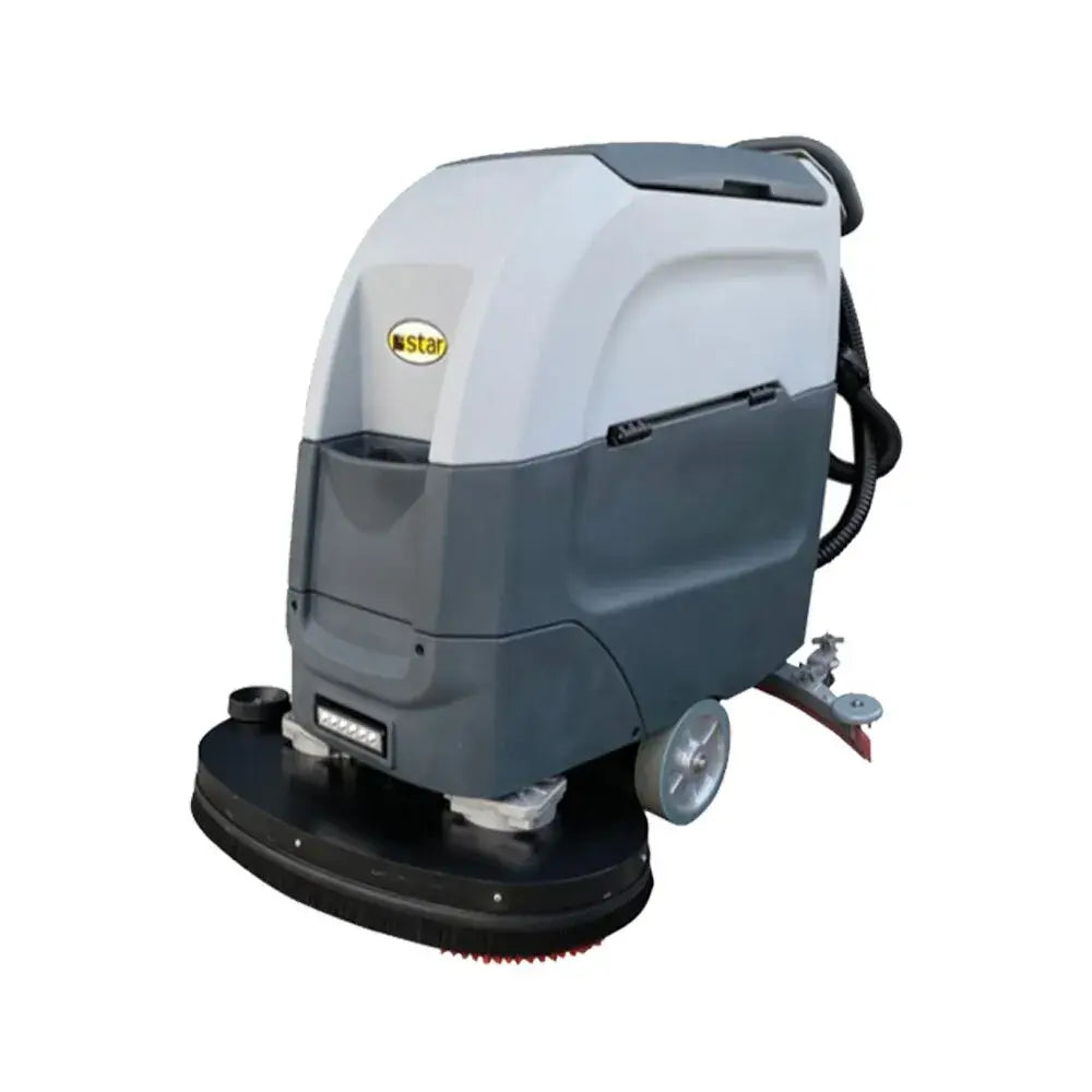 Front side view of grey industrial walk behind scrubber dryer by brand Star, model SC5600B.