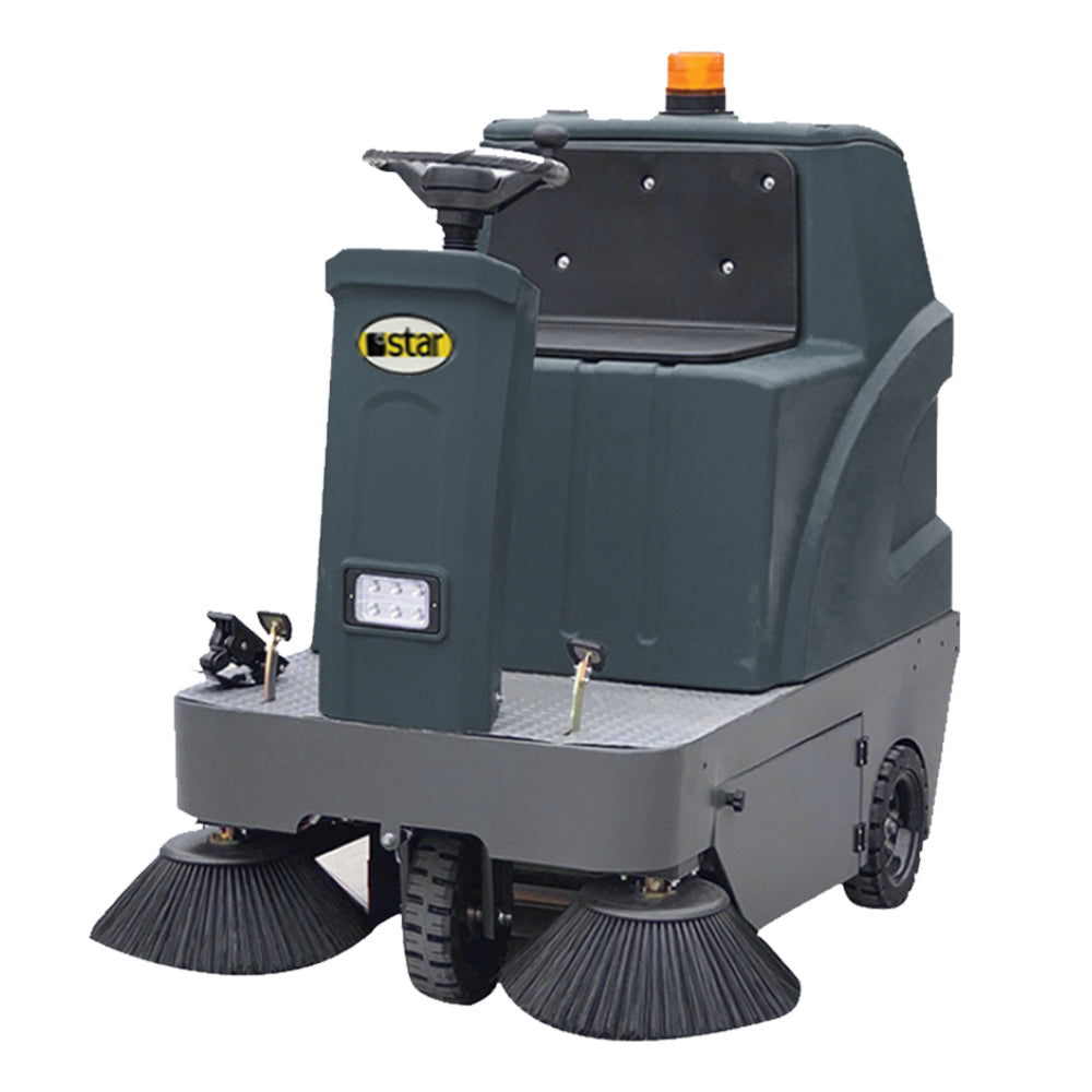 Front side view of grey ride on sweeper by brand Star, model 2100.